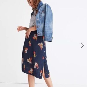 Madewell 100% Silk Atrium Midi Skirt Size 20 Birds of Paradise Navy Floral Print